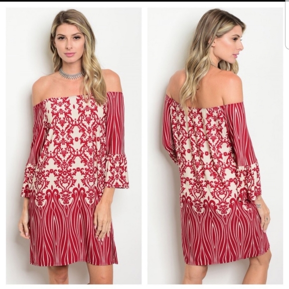 Dresses & Skirts - Burgandy cream print off the shoulder dress